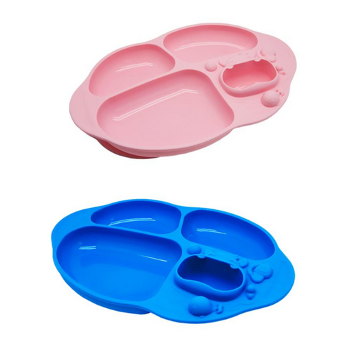 Pink and blue divided baby plate on a white background