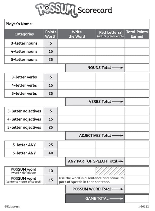 POSSUM Dice Word Game