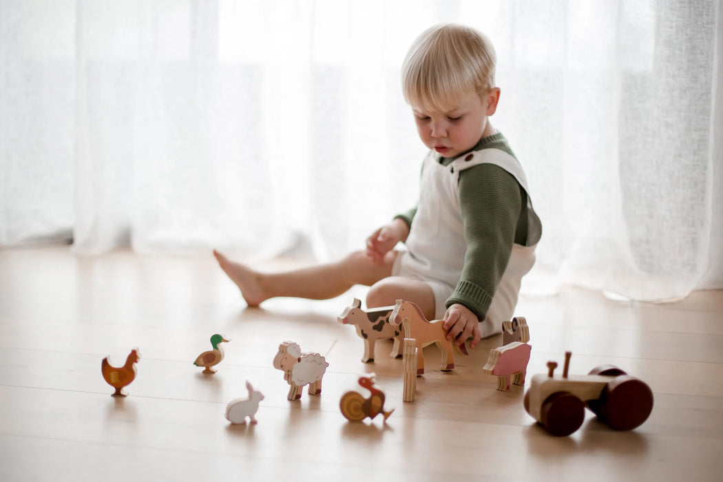 Wooden Farm Animals & Tractor Set