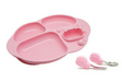 Pink children's tray with spoon and fork on a white background