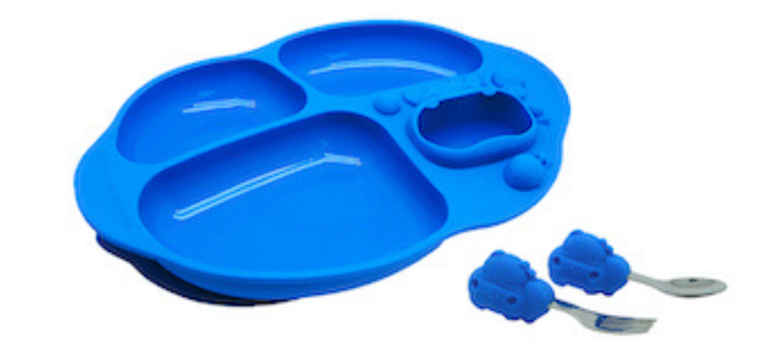 Blue divided plate with utensils on a white background