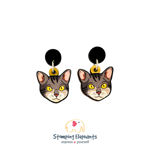 Earrings | Dangles | Tabby Cat - Grey