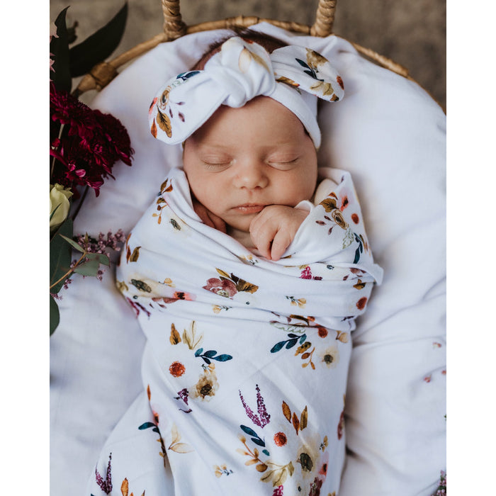 Snuggle Hunny | Baby Jersey Wrap & Topknot Set | Boho Posy